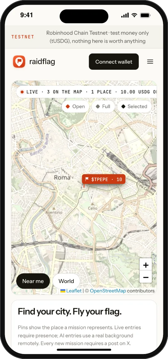 The Raidflag map on a phone, with a live raid pinned at the Colosseum in Rome