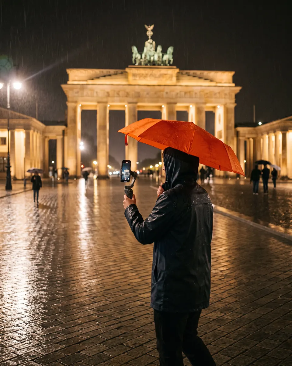 A vlogger with an orange umbrella at the Brandenburg Gate at night