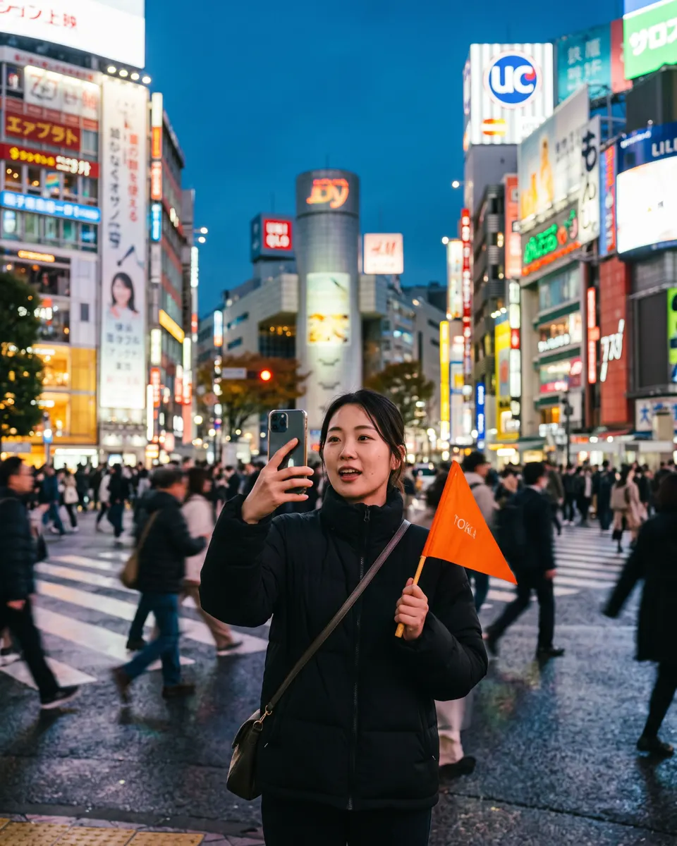 A creator filming at Shibuya Crossing with an orange pennant